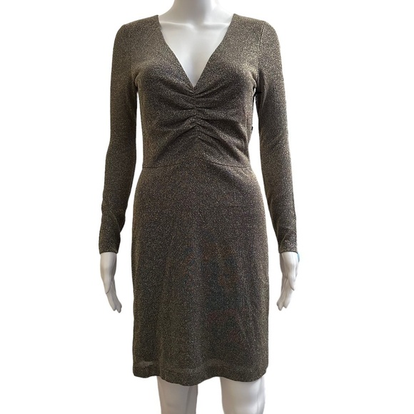 L’Agence Womens Size 2 Dries Gold/Blue Metallic V-Neck Mini Ruched Dress Party - Picture 16 of 16